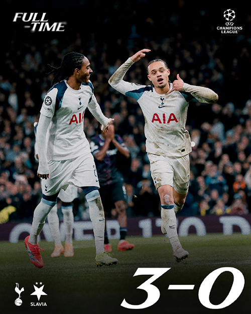 欧冠-热刺3-0布拉格斯拉维亚 西蒙斯造点破门 库杜斯点射