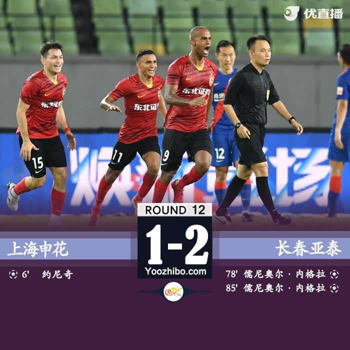 长春亚泰2-1上海申花  儒尼奥尔双响秦升送点