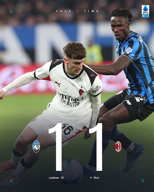 意甲：AC米兰1-1亚特兰大 里奇远射破门 莱奥半场伤退
