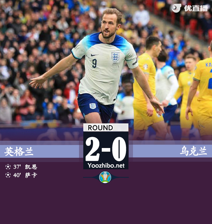 英格兰2-0乌克兰 萨卡世界波+传射凯恩破门