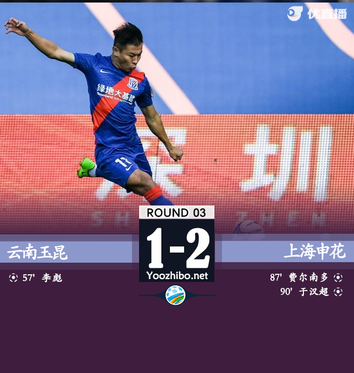 上海申花客场2-1逆转云南玉昆晋级