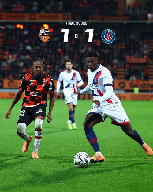 法甲：巴黎1-1洛里昂 门德斯破门杜埃伤退