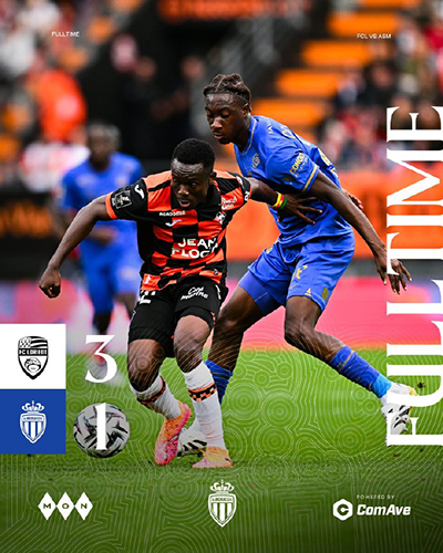 帕吉双响+摩纳哥染红 洛里昂主场3-1爆冷力擒公国劲旅