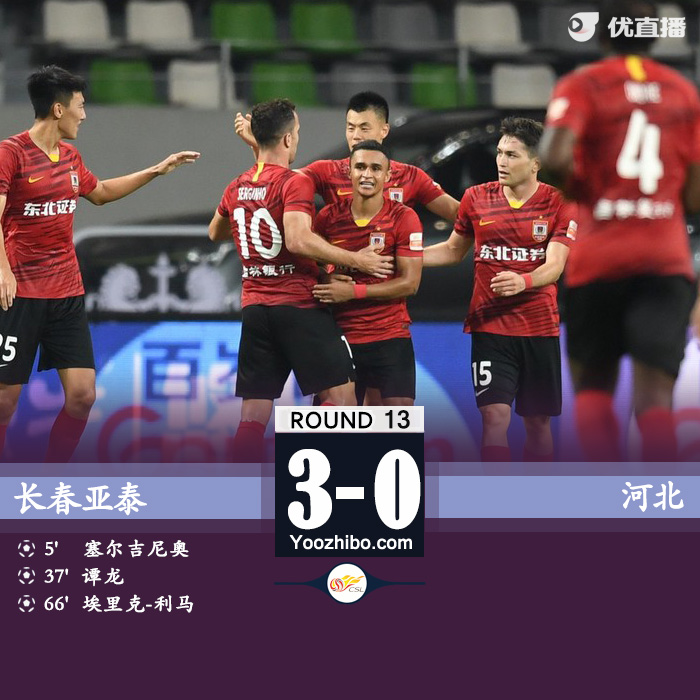 长春亚泰3-0河北队  谭龙1球2助攻埃里克传射